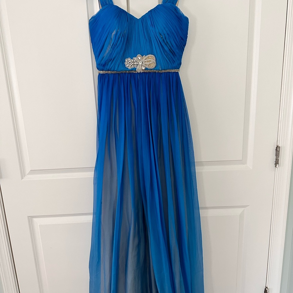 Elegant Blue Gown with Embellished Waist New